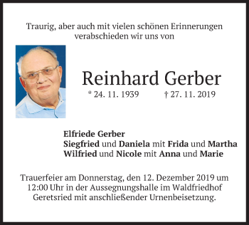 Todesanzeige von Reinhard Gerber von merkurtz