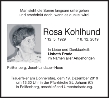 Todesanzeige von Rosa Kohlhund von merkurtz
