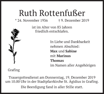 Todesanzeige von Ruth Rottenfußer von merkurtz