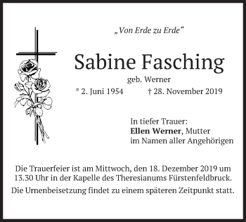 Todesanzeige von Sabine Fasching von merkurtz