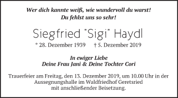 Todesanzeige von Siegfried Haydl von merkurtz