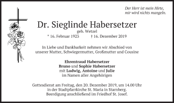 Todesanzeige von Sieglinde Habersetzer von merkurtz