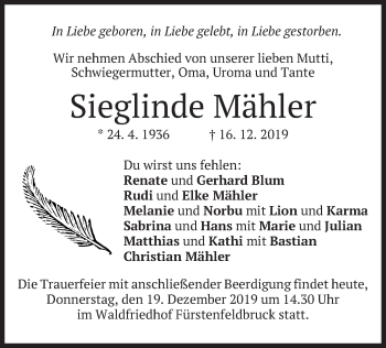 Todesanzeige von Sieglinde Mähler von merkurtz