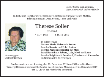 Todesanzeige von Therese Soller von merkurtz