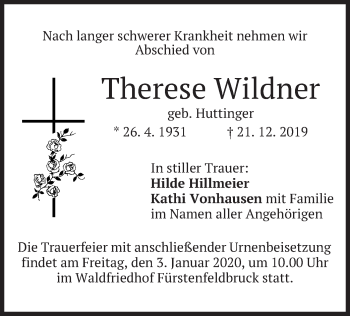 Todesanzeige von Therese Wildner von merkurtz