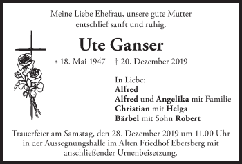 Todesanzeige von Ute Ganser von merkurtz