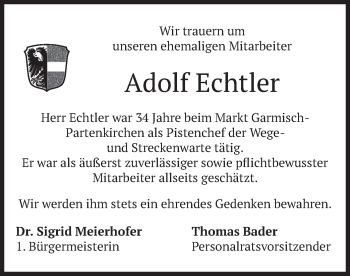 Todesanzeige von Adolf Echtler von merkurtz