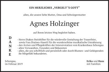 Todesanzeige von Agnes Holzinger von merkurtz