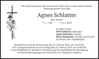 Todesanzeige von Agnes Schlatter von merkurtz