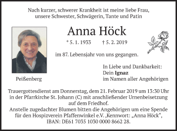 Todesanzeige von Anna Höck von merkurtz