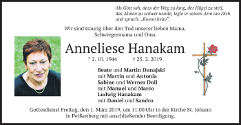Todesanzeige von Anneliese Hanakam von merkurtz