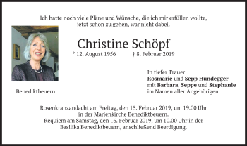 Todesanzeige von Christine Schöpf von merkurtz