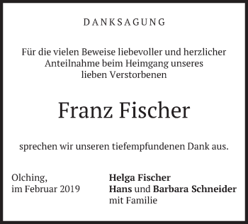 Todesanzeige von Franz Fischer von merkurtz