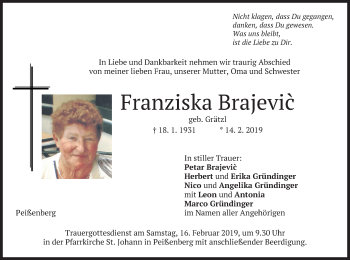 Todesanzeige von Franziska Brajevic von merkurtz