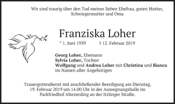 Todesanzeige von Franziska Loher von merkurtz
