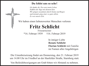 Todesanzeige von Fritz Schlicht von merkurtz