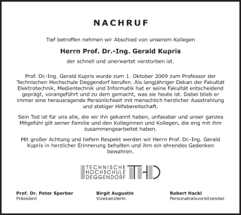 Todesanzeige von Gerald Kupris von merkurtz