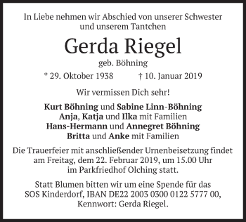Todesanzeige von Gerda Riegel von merkurtz