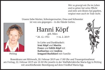 Todesanzeige von Hanni Köpf von merkurtz