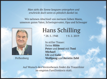 Todesanzeige von Hans Schilling von merkurtz