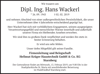 Todesanzeige von Hans Wackerl von merkurtz