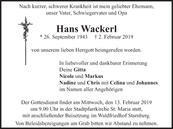 Todesanzeige von Hans Wackerl von merkurtz