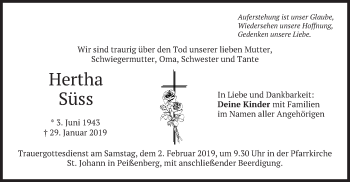 Todesanzeige von Hertha Süss von merkurtz