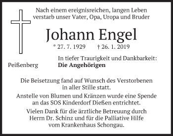 Todesanzeige von Johann Engel von merkurtz