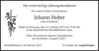 Todesanzeige von Johann Huber von merkurtz
