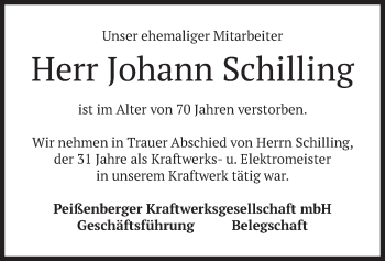 Todesanzeige von Johann Schilling von merkurtz