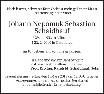 Todesanzeige von Johann Nepomuk Sebastian Schaidhauf von merkurtz