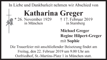 Todesanzeige von Katharina Greger von merkurtz
