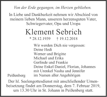 Todesanzeige von Klement Sebrich von merkurtz