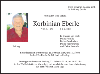 Todesanzeige von Korbinian Eberle von merkurtz