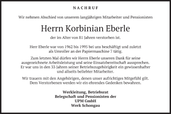 Todesanzeige von Korbinian Eberle von merkurtz