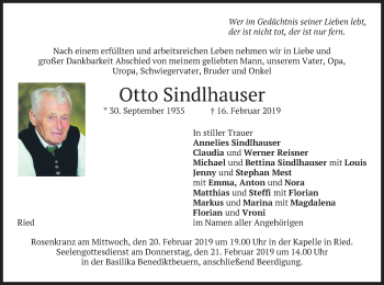 Todesanzeige von Otto Sindlhauser von merkurtz