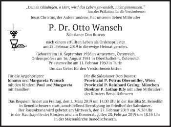 Todesanzeige von Otto Wansch von merkurtz