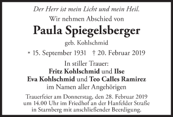 Todesanzeige von Paula Spiegelsberger von merkurtz