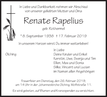 Todesanzeige von Renate Rapelius von merkurtz