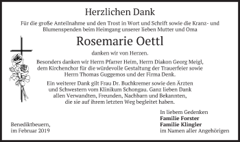 Todesanzeige von Rosemarie Oettl von merkurtz