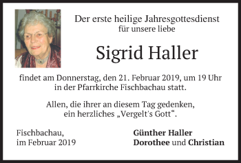 Todesanzeige von Sigrid Haller von merkurtz