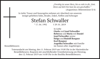 Todesanzeige von Stefan Schwaller von merkurtz