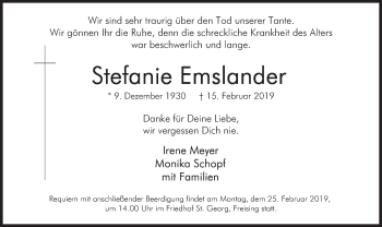 Todesanzeige von Stefanie Emslander von merkurtz