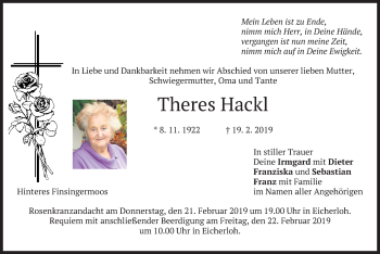 Todesanzeige von Theres Hackl von merkurtz