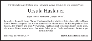 Todesanzeige von Ursula Haslauer von merkurtz