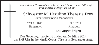 Todesanzeige von Ursuline Theresia Frey von merkurtz