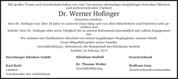 Todesanzeige von Werner Hofinger von merkurtz