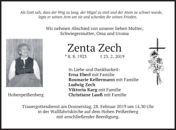 Todesanzeige von Zenta Zech von merkurtz