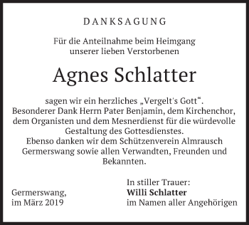 Todesanzeige von Agnes Schlatter von merkurtz