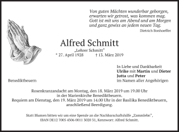 Todesanzeige von Alfred Schmitt von merkurtz